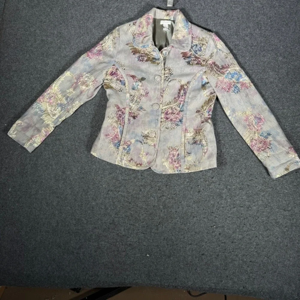Chicos Brocade Blazer Jacket Size 0 Metallic Floral Tapestry Button‎ Front Grey